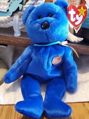 Ty "Clubby" Royal Blue Beanie Baby Bear with Ribbon